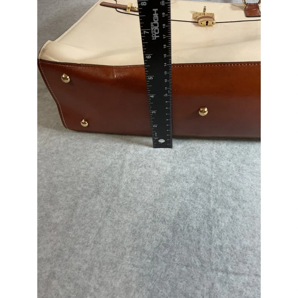 Bostanten White Brown Leather Briefcase Tote Laptop Zip Top Bag